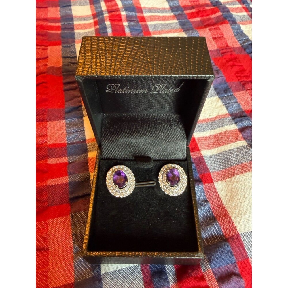 Gold Coast Platinum Plated Purple Oval Stud Earrings Halo New in Box